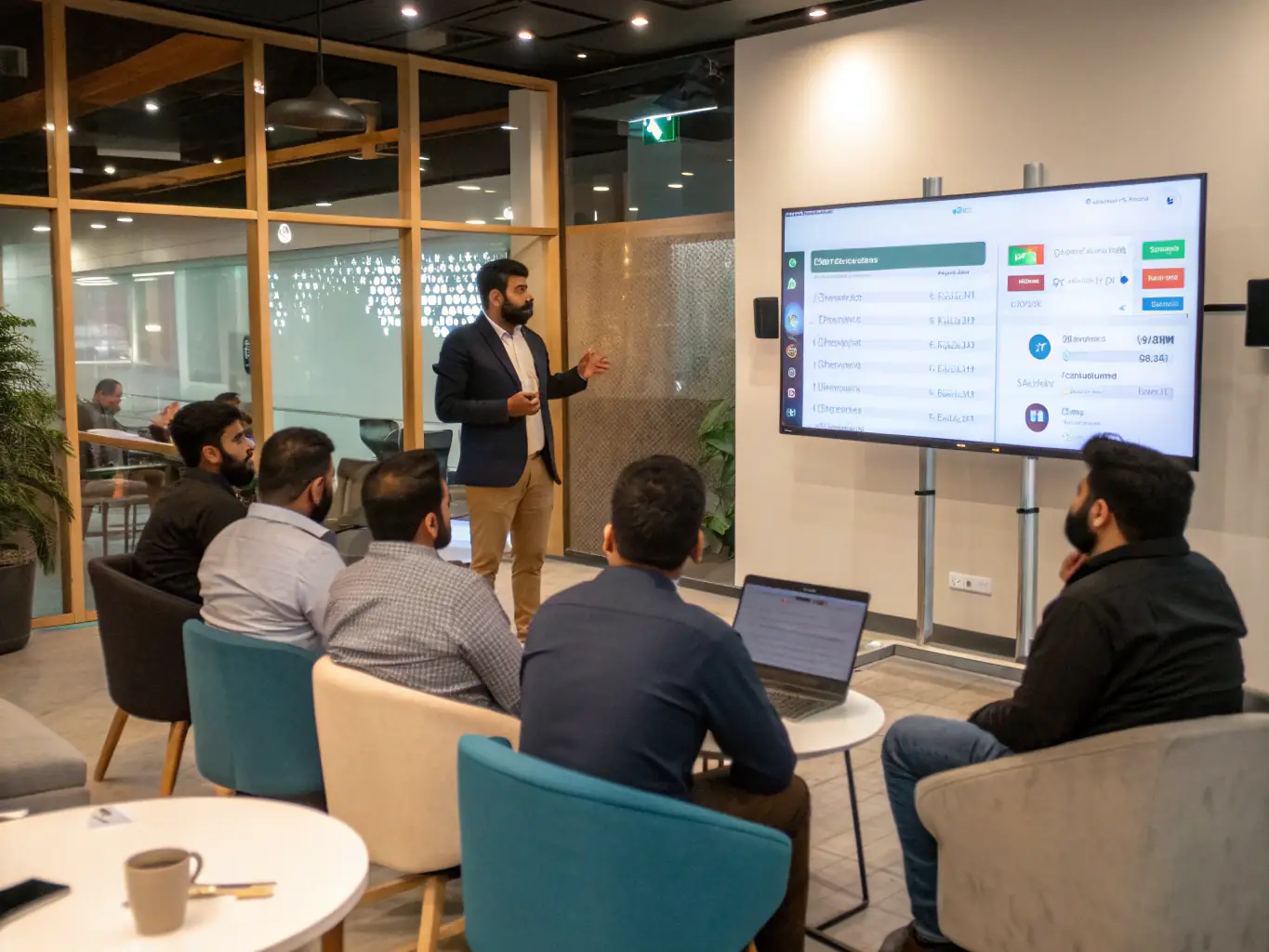 A professional Pakistani business coach is presenting a workshop on automation tools to a diverse group of entrepreneurs in a modern co-working space.