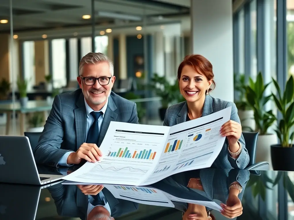 A business coach in a modern office setting, guiding a client through a strategic planning session, with charts and graphs displayed on a large screen in the background, symbolizing data-driven decision-making.